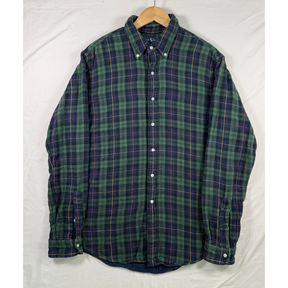 Ralph Lauren Custom Fit Plaid Flannel Shirt Green Navy Blue Mens Large L